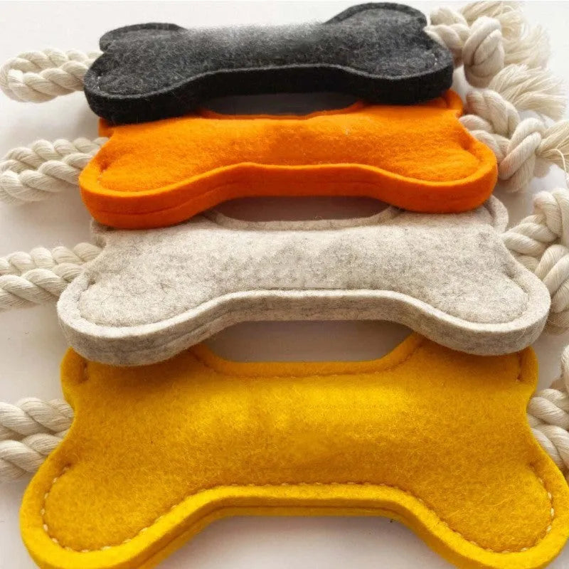Felt bone shaped dog toy with rope knots in blue colour showing dimensions