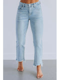 Solid colour women's denim trousers with a hand-worn finish in dark blue and light blue.