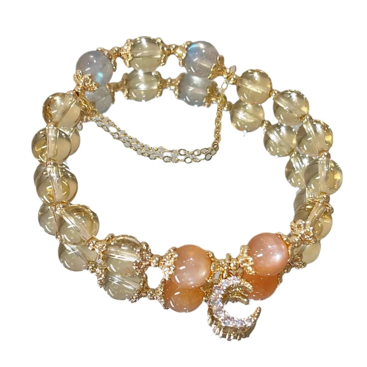 Chinese style women's crystal bracelet with diamond shaped stones and electroplated 14K gold gilded finish in citrine moon colour