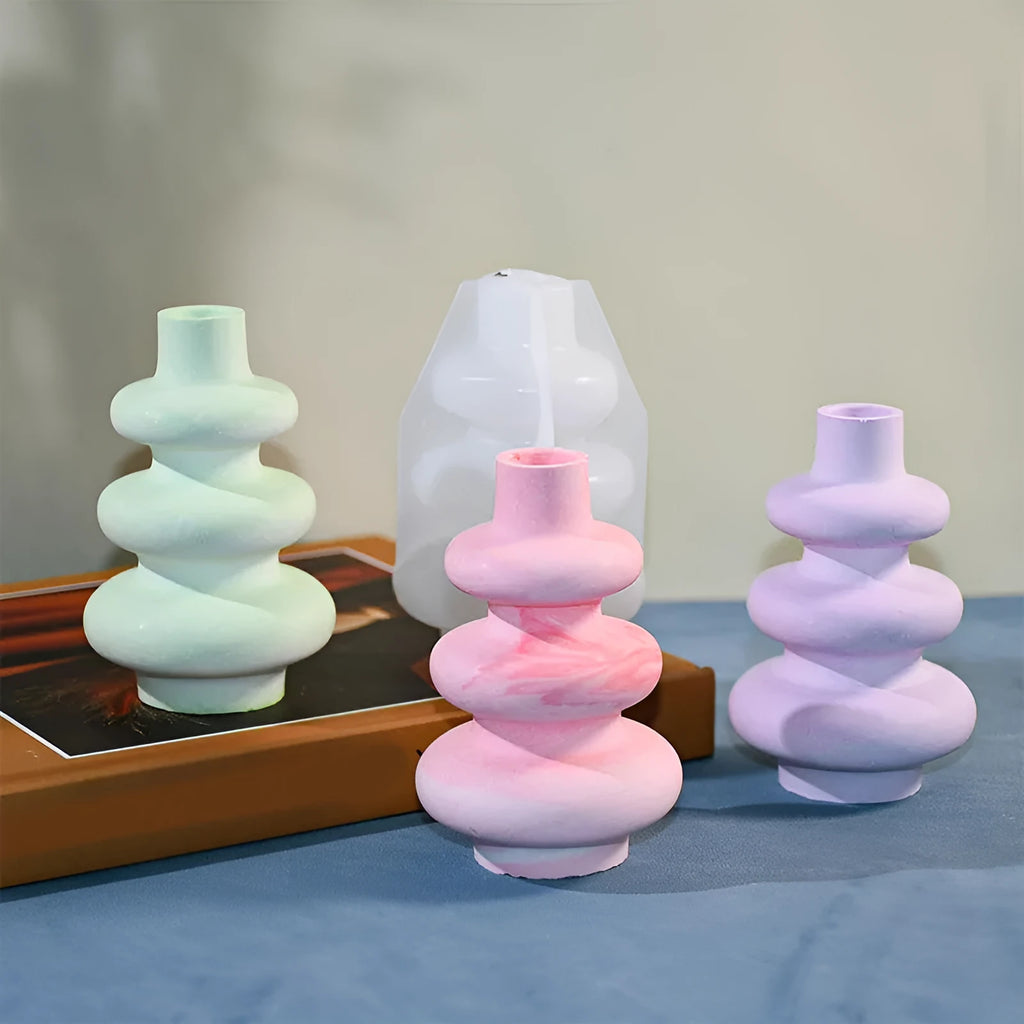 Three layer circle vase ornament silicone mould in irregular shape, shown in large and small size options.