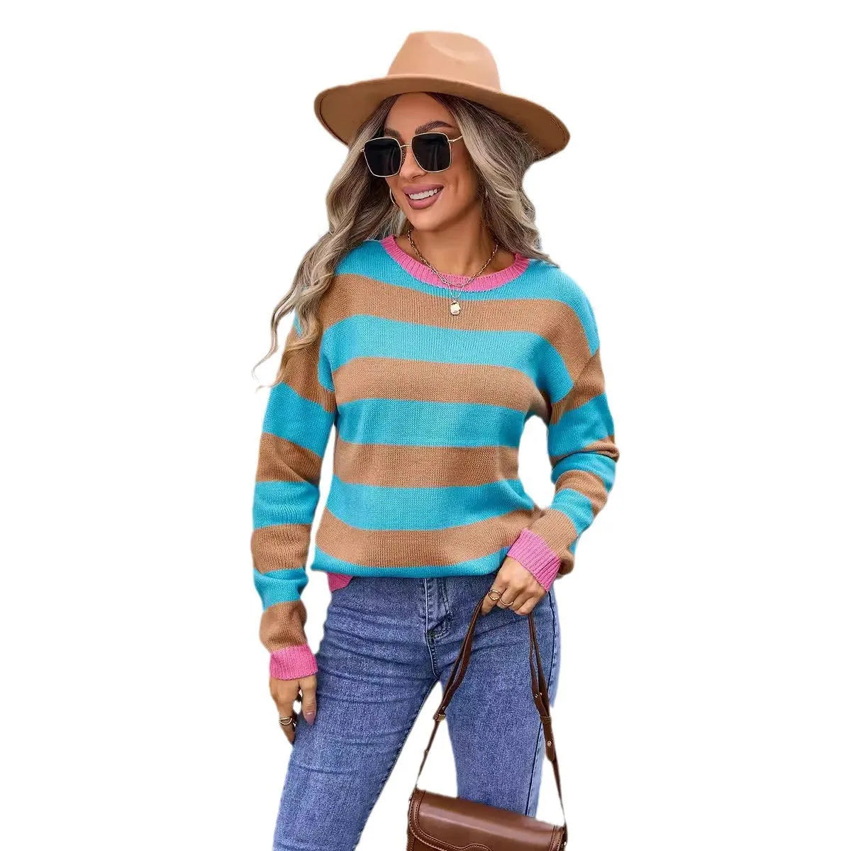 Women's loose fit long sleeve acrylic sweater in blue with floral stripe pattern