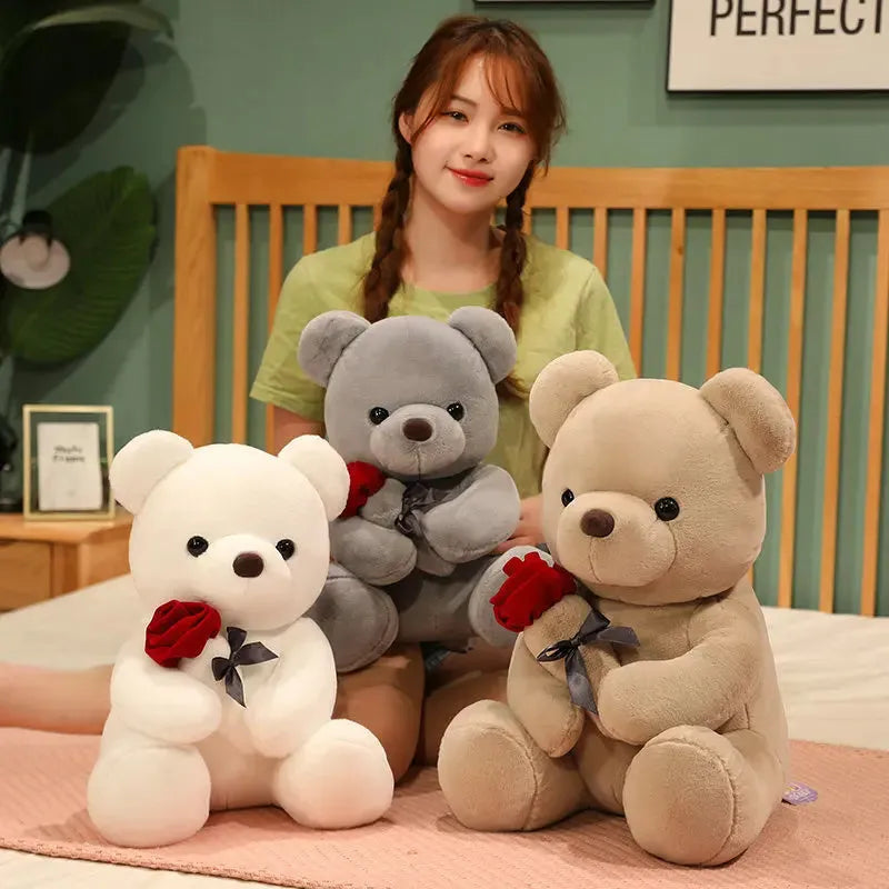 Soft plush teddy bear doll in beige, brown or grey with PP cotton filling, showing 23cm to 45cm size options