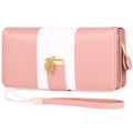 Midnight black PU leather anti-theft clutch bag with zip open, showing fold-out wallet section and microfiber lining.