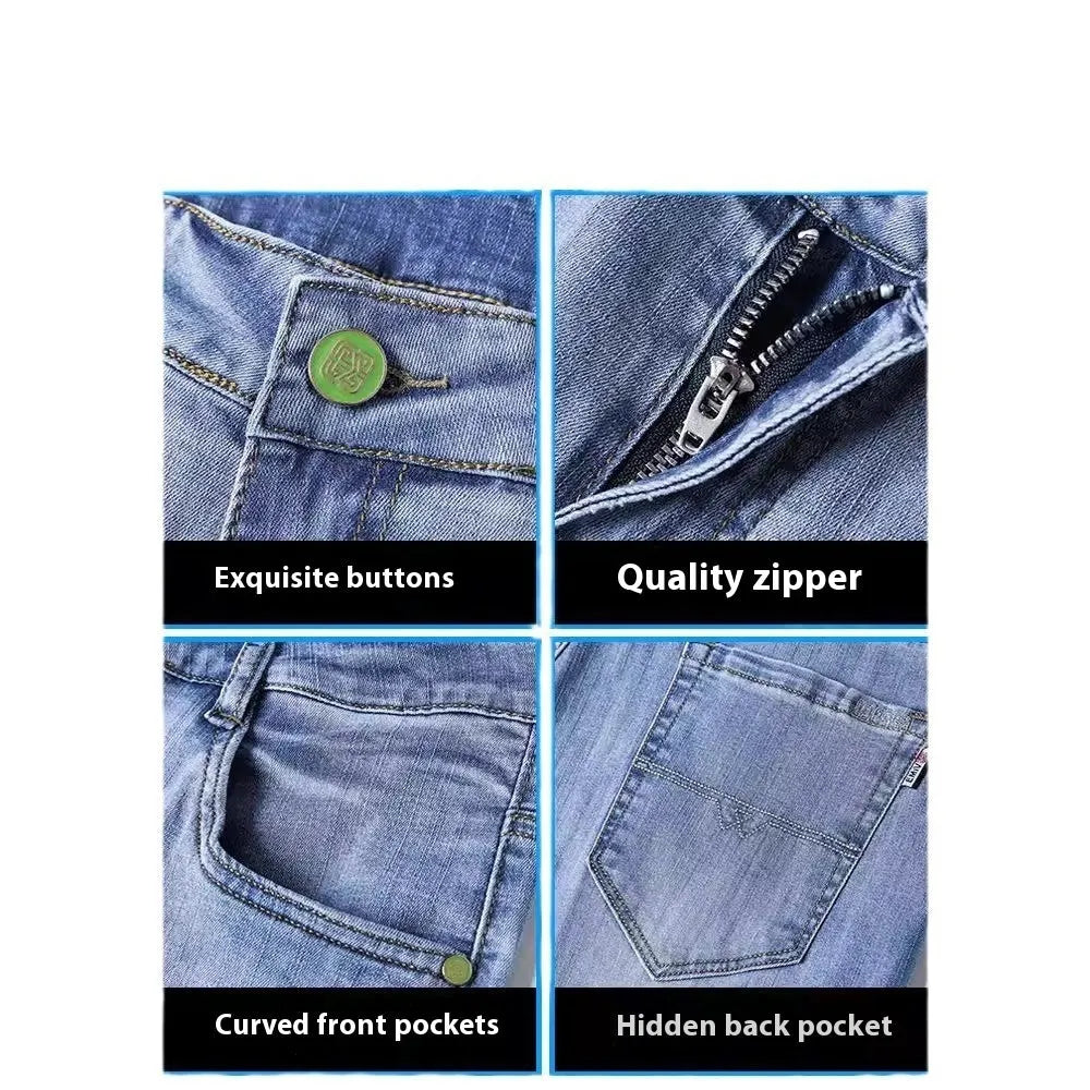 Tapered cotton denim business casual trousers with stretch fabric in light blue, grey, blue-grey and black colours