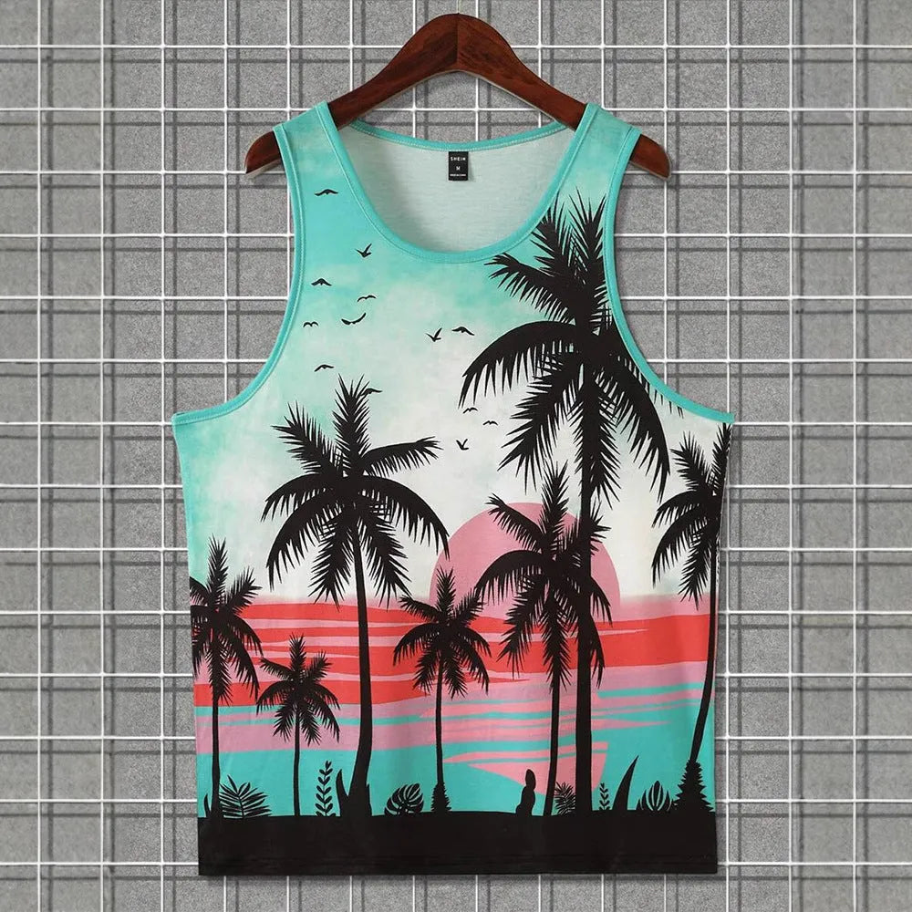 Men's 3D printed Hawaiian style sleeveless vest in solid colour on polyester pinhole cloth fabric