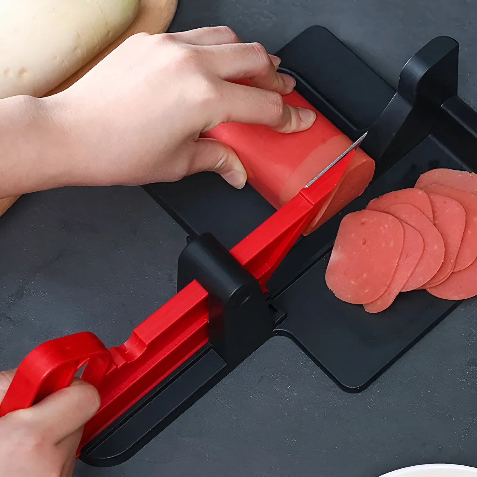 Green and red vegetable cutting tool with stainless steel blades for carrots and potatoes