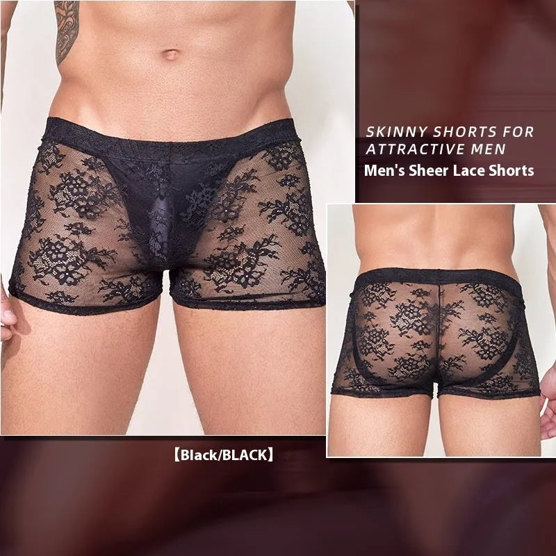 Nylon lace men's boxers in free size, shown in black, red, and white colours.