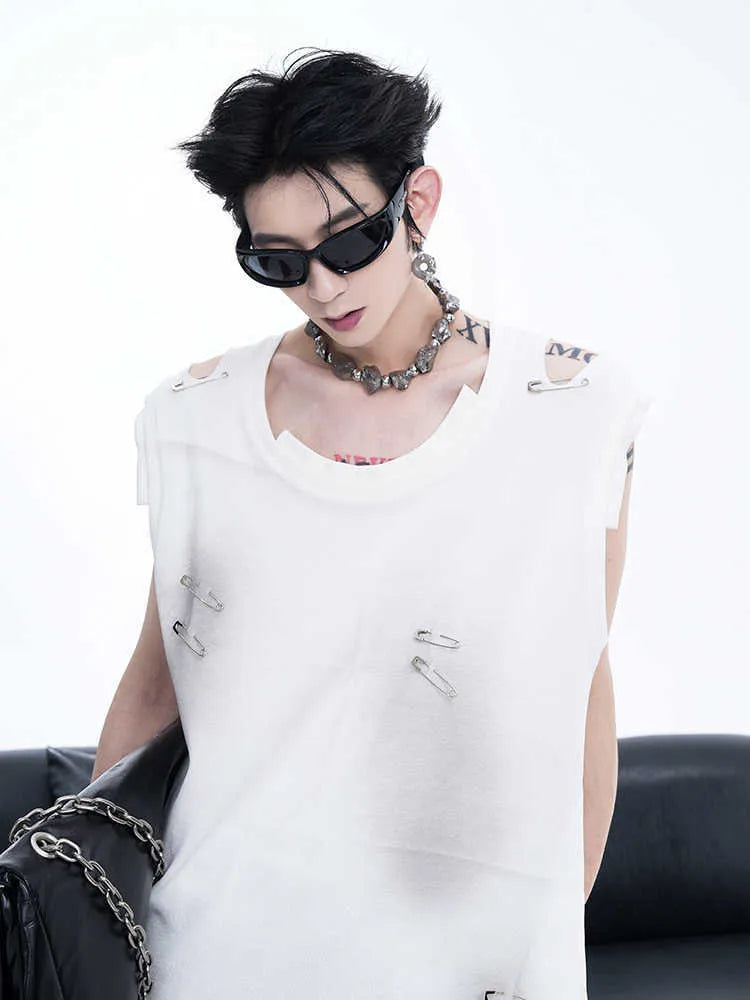 Men's black distressed waistcoat vest with asymmetrical cut on a hanger.