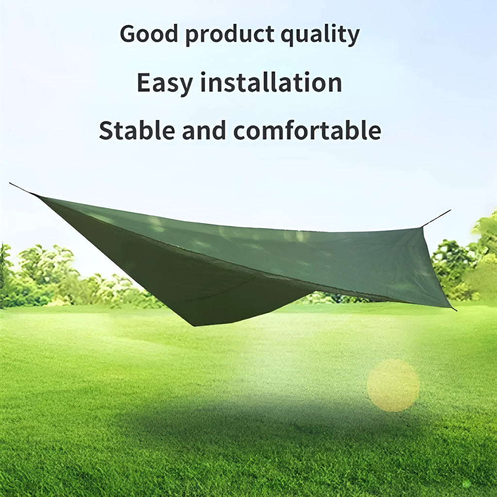 Waterproof anti-mosquito sunshade hammock package in army green set up outdoors with canopy and net