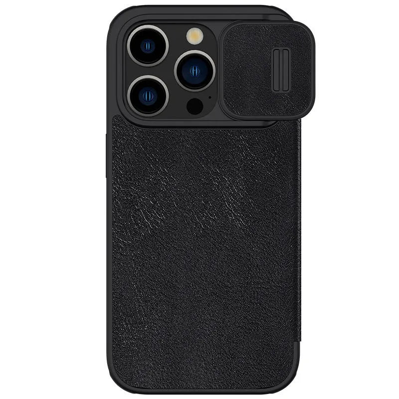 Black imitation leather flip phone case for iPhone, shown open and closed.