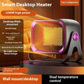Compact white PTC ceramic desktop electric heater on a wooden desk.