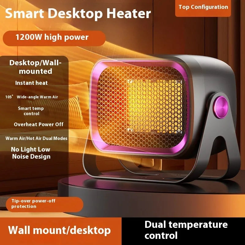 Compact white PTC ceramic desktop electric heater on a wooden desk.