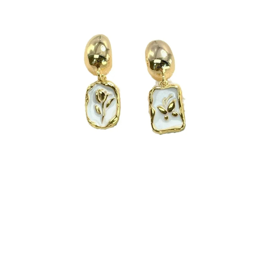 Asymmetric S925 silver needle ear stud with geometric floral electroplated alloy finish for women