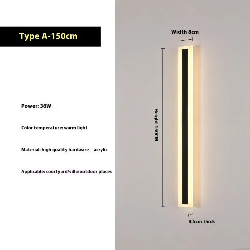 Long straight outdoor LED wall lamp with wrought iron shell for waterproof garden lighting.
