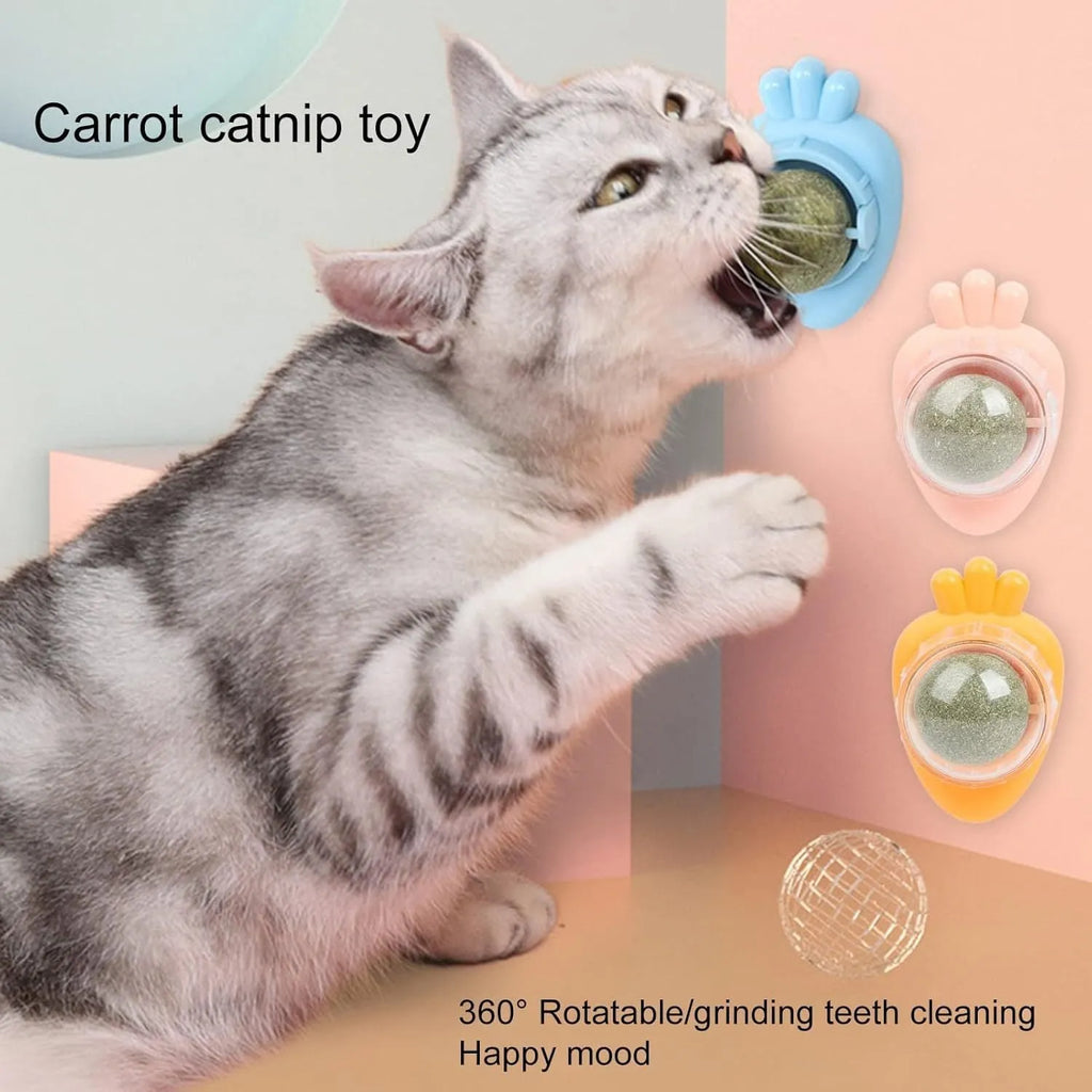 Blue carrot-shaped catnip toy with adhesive backing for wall mounting and dental cleaning