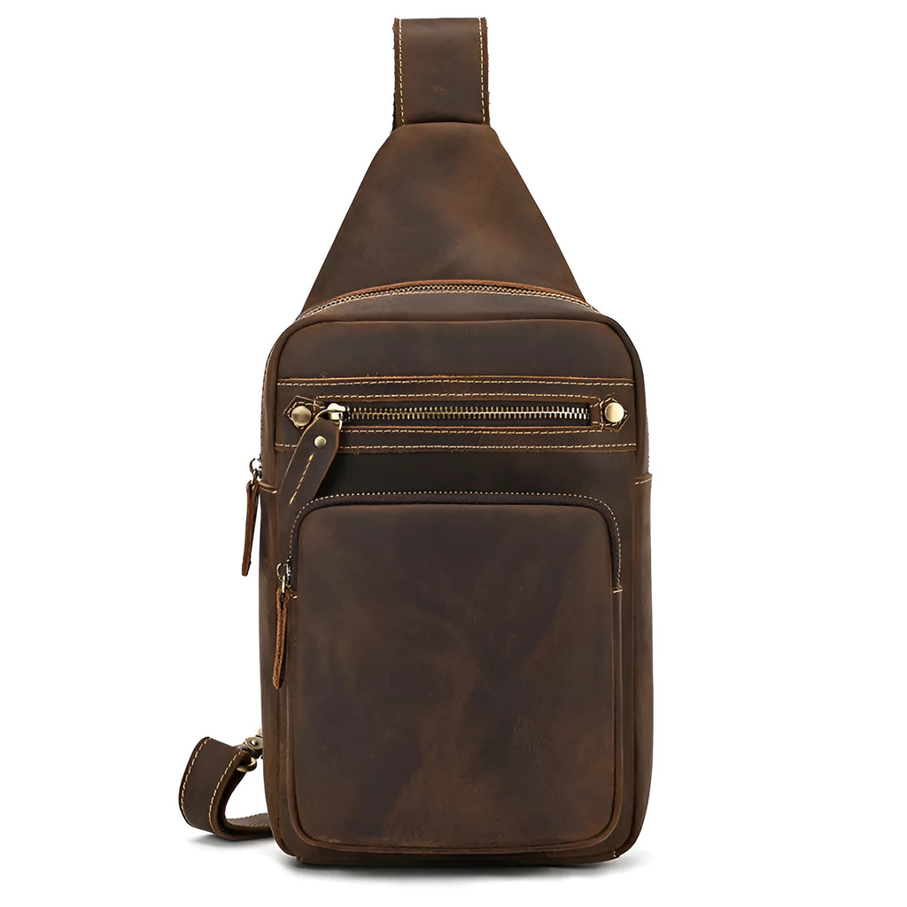 Men's first layer cowhide retro crossbody shoulder bag in solid 9334 brown colour