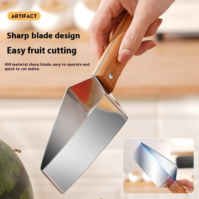Stainless steel triangle watermelon splitter knife with protective cover.