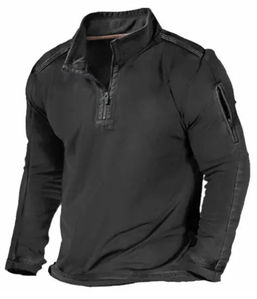 Men's grey zip collar long sleeve pullover sweater on a model.