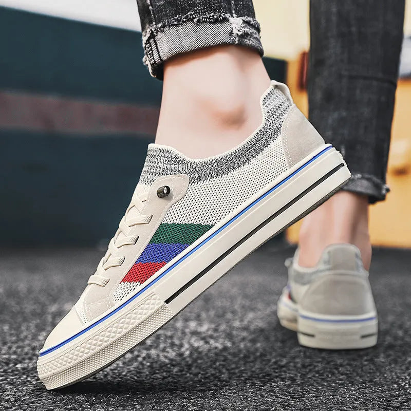 Men's knitted mesh casual sneakers with elastic band closure in beige colour