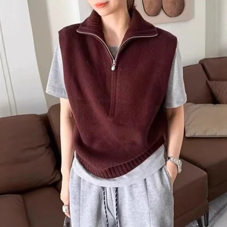 Retro half zip sleeveless knit vest in mesh polyester with Japanese Korean casual styling