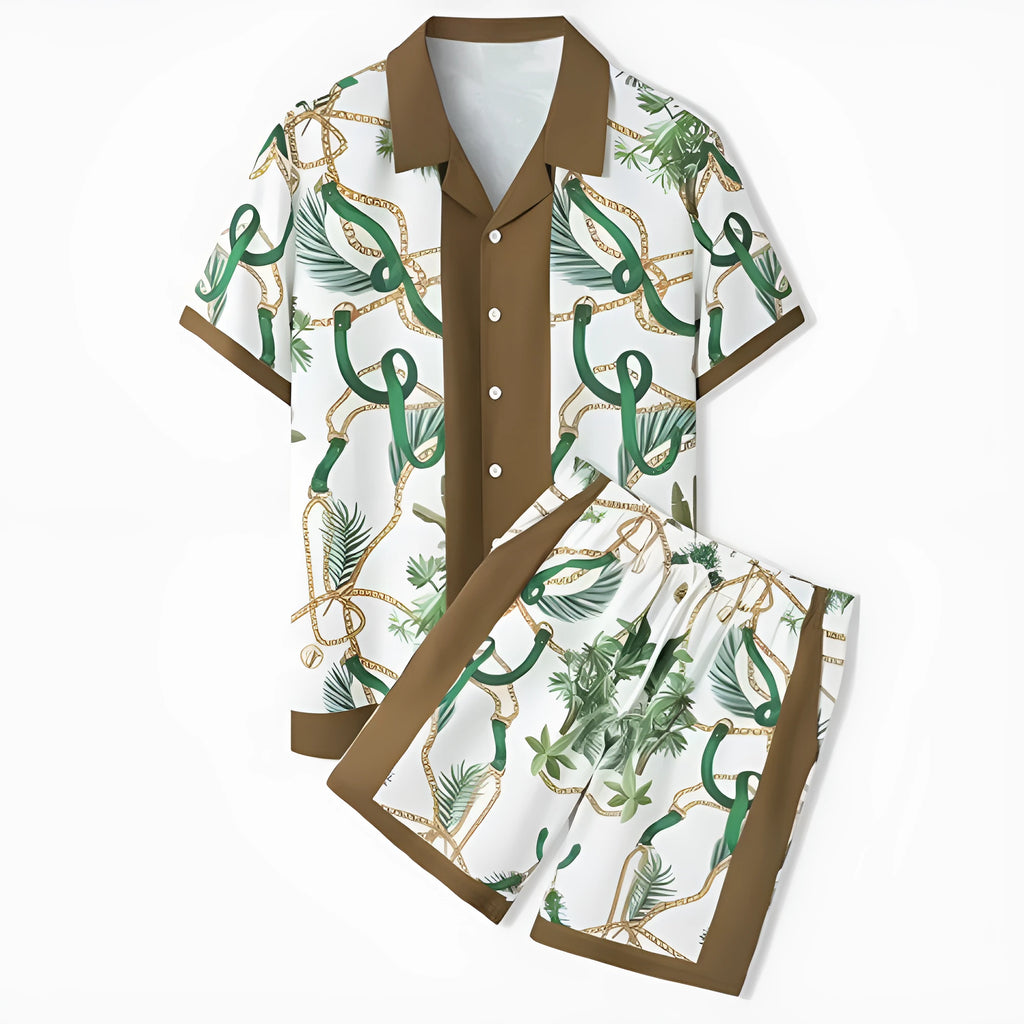 Men's plaid print beach outfit with short sleeve shirt and matching pants set