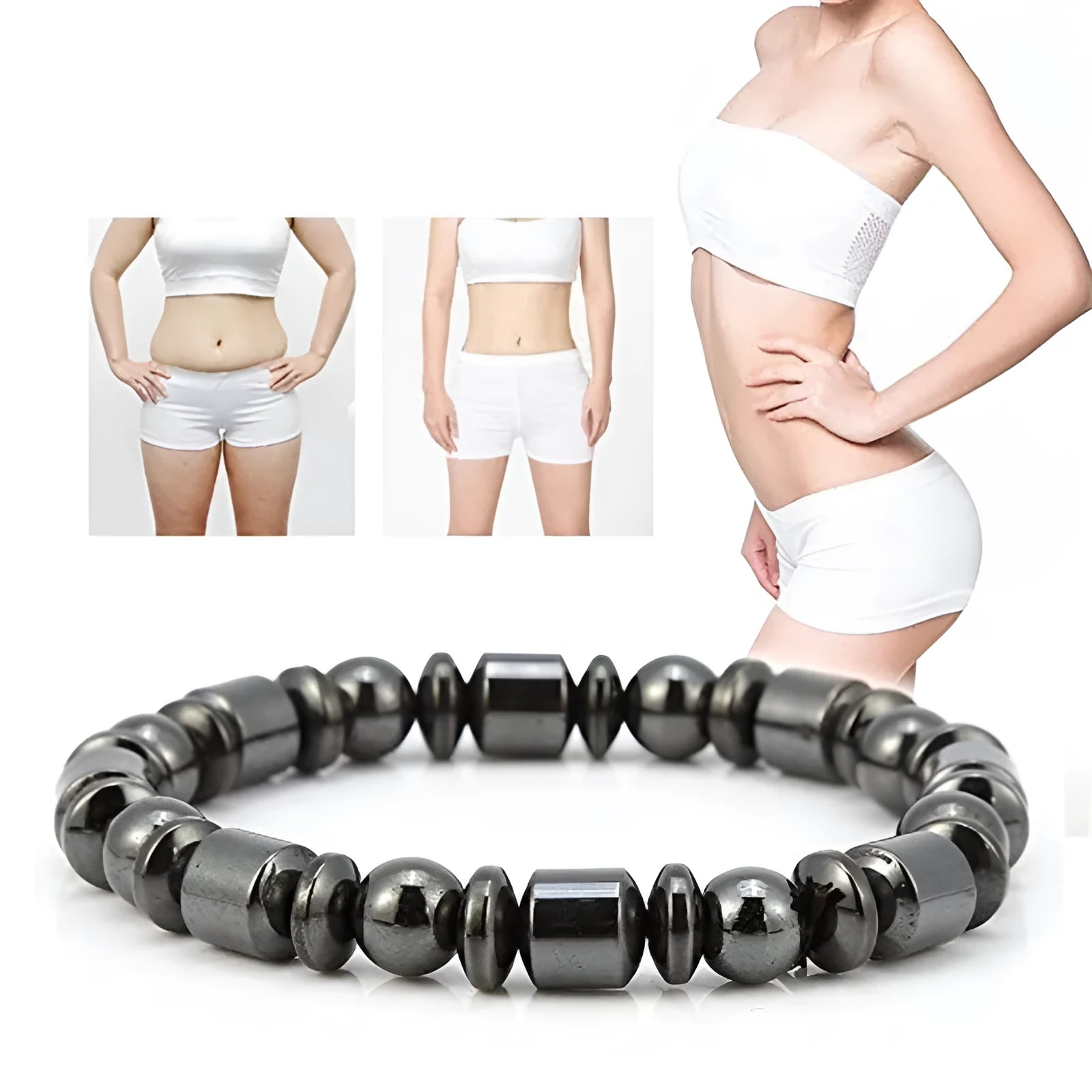 Black pentagram magnetic therapy bracelet with magnetite and hematite stones on stretch band