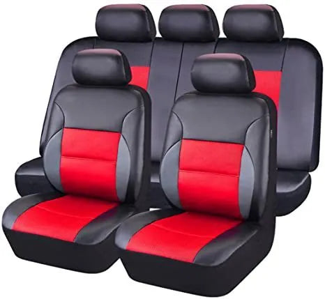 Set of black artificial leather car seat covers for front and back seats, shown with installation hooks.