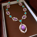 Diamond oval pendant earrings and clavicle necklace jewellery set in Chinese style alloy silver needle golden blue purple