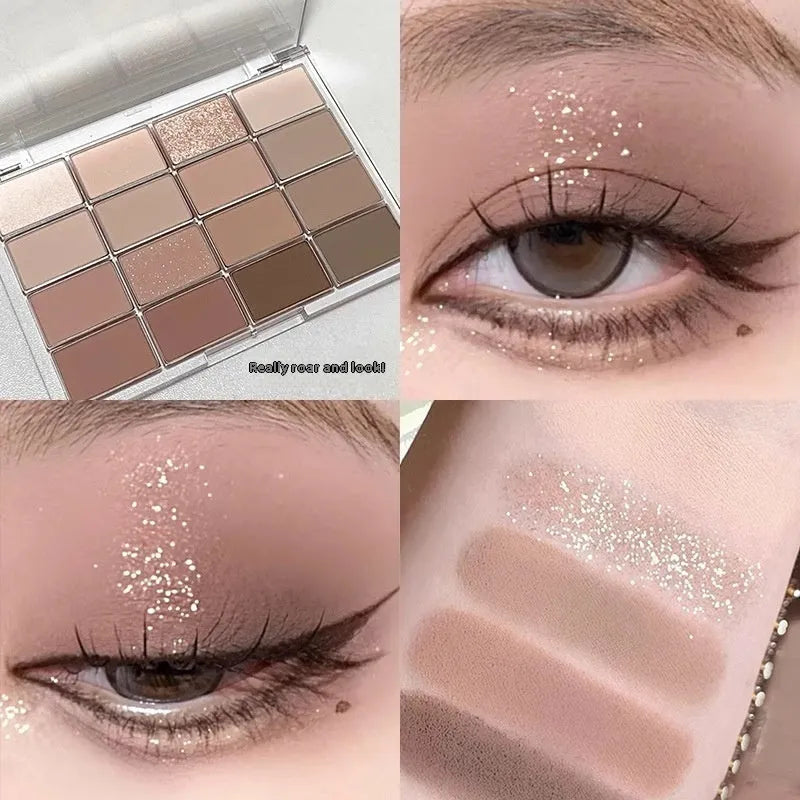 16-colour eye shadow palette showing matte and shimmer finishes in pink, brown and neutral tones.