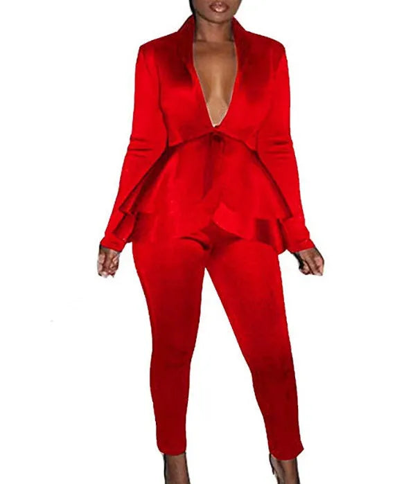 Women's ruffled business uniform set in polyester fabric with shirt and pencil pants