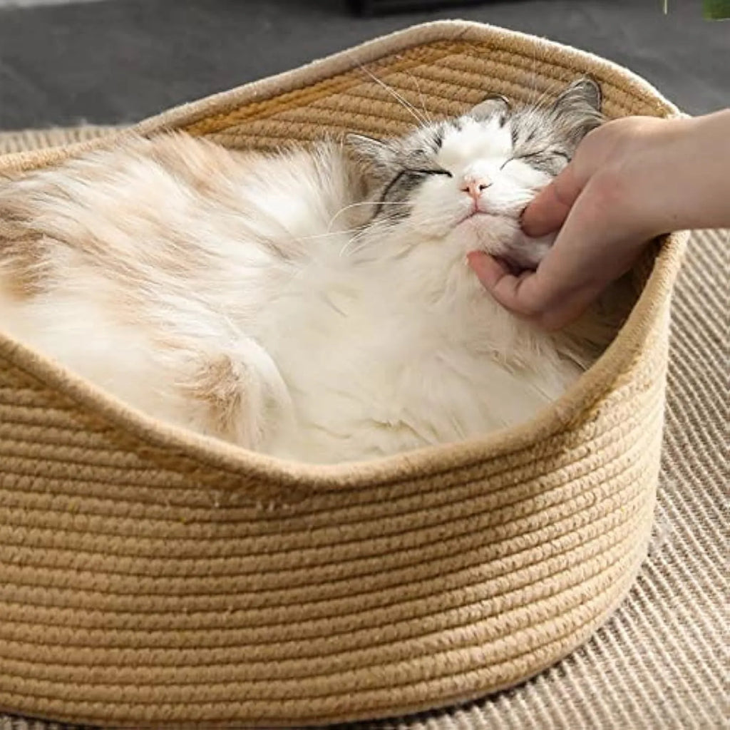 Woven rattan cat bed basket with corrugated scratching board in two size options