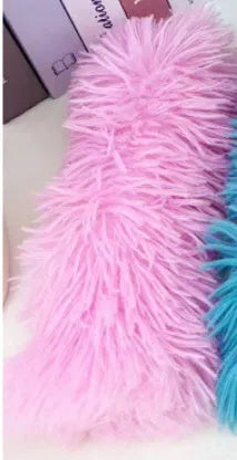 Soft plush cat toy pillow in green, white, blue, or pink, measuring 27x10 cm.