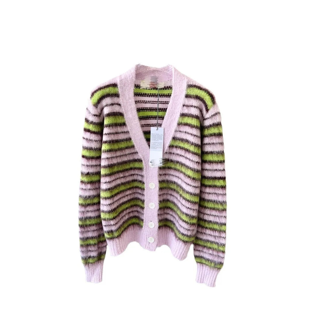 Pink lazy coat style wool blend cardigan with contrast colour detailing on a hanger.