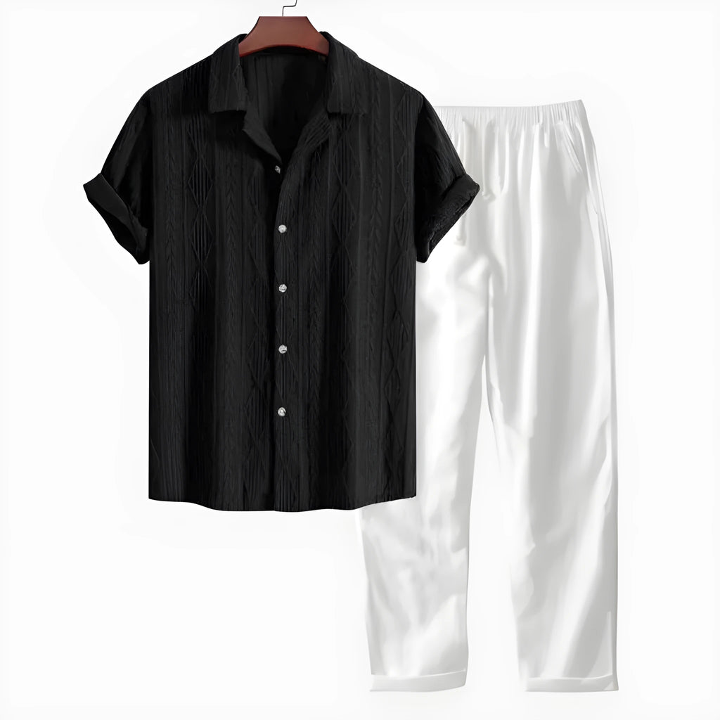 Lightweight linen-feel casual suit set with camouflage print trousers and a short-sleeved lapel shirt.