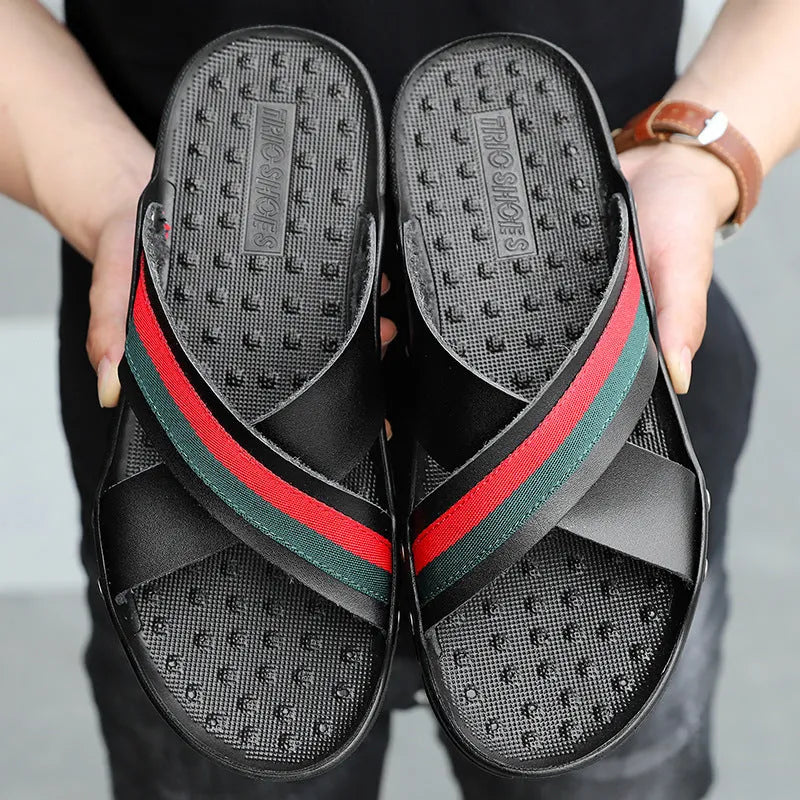 Men's cowhide flip-flops with non-slip PU sole in white, blue, and black colour options.