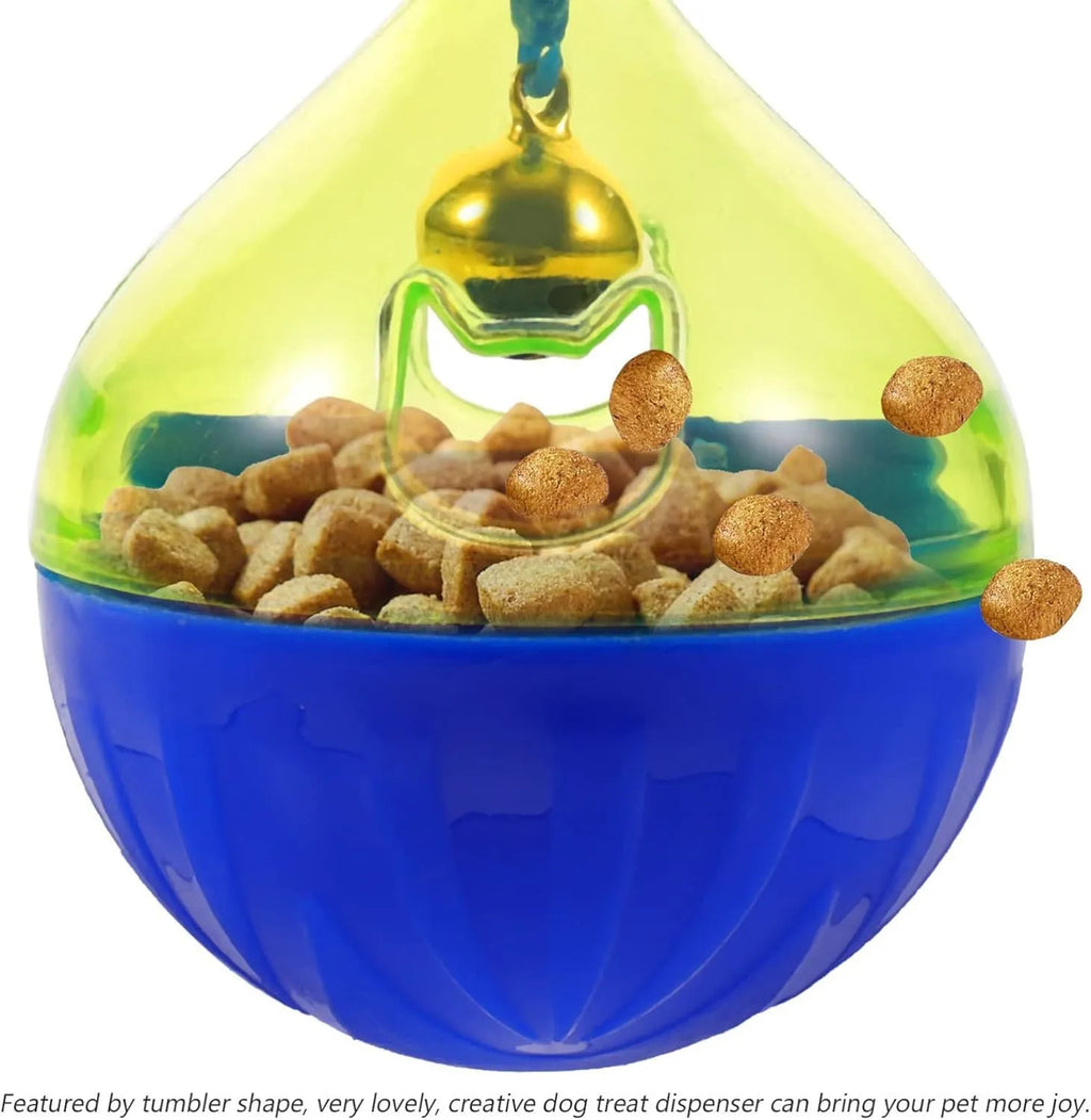 Blue and white tumbler-shaped pet treat dispenser toy on a wooden floor.