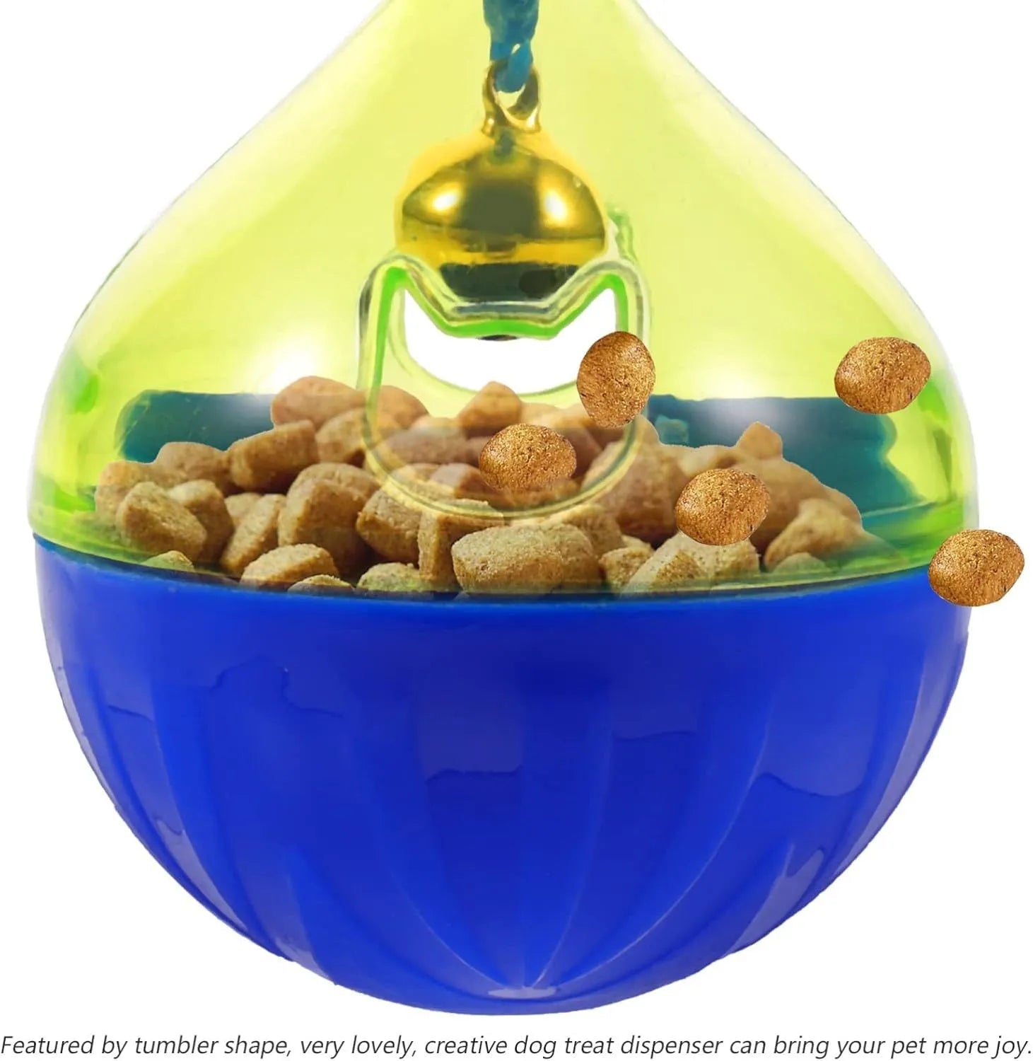 Blue and white tumbler-shaped pet treat dispenser toy on a wooden floor.
