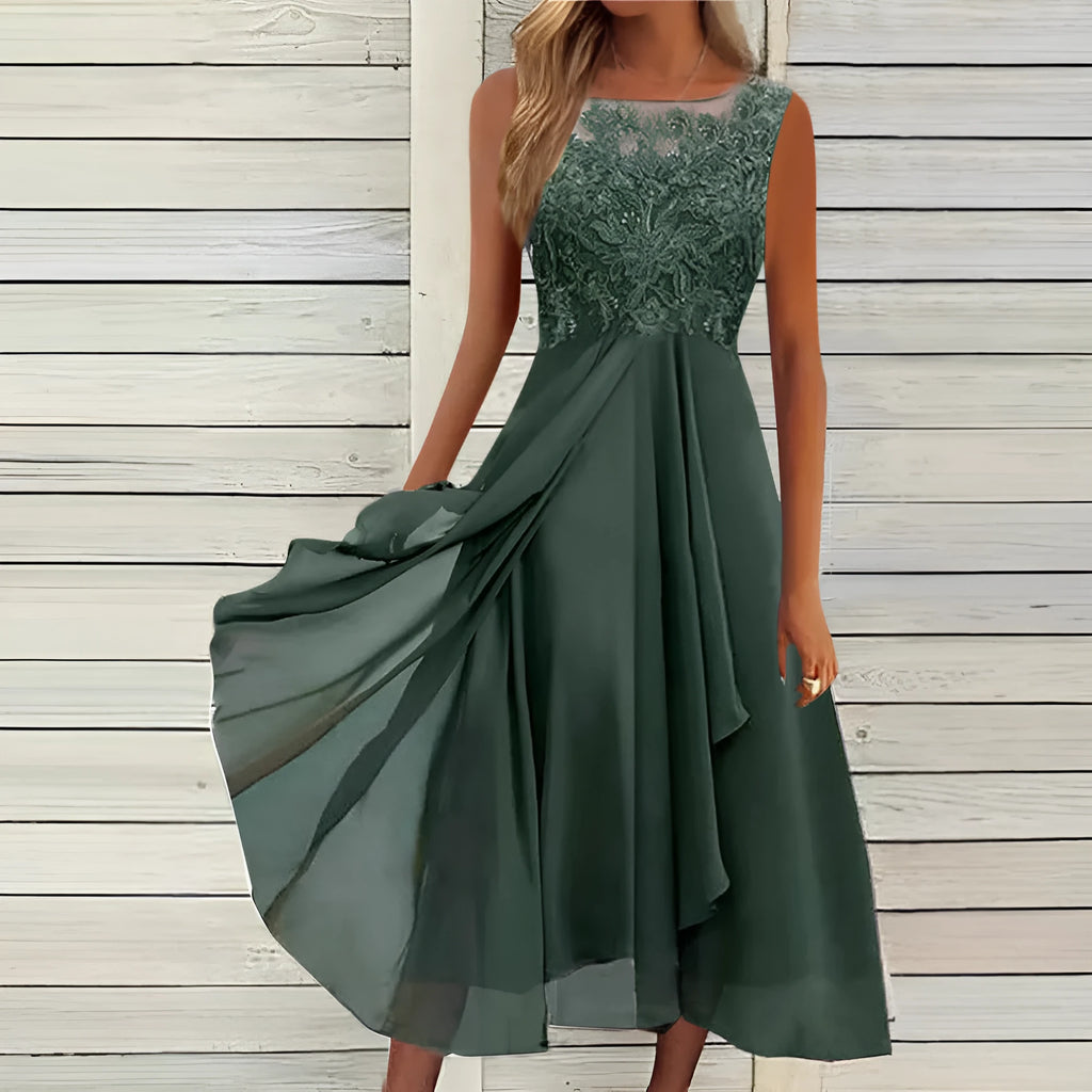Women's sleeveless midi-length chiffon dress with lace hollow-out stitching in blue.