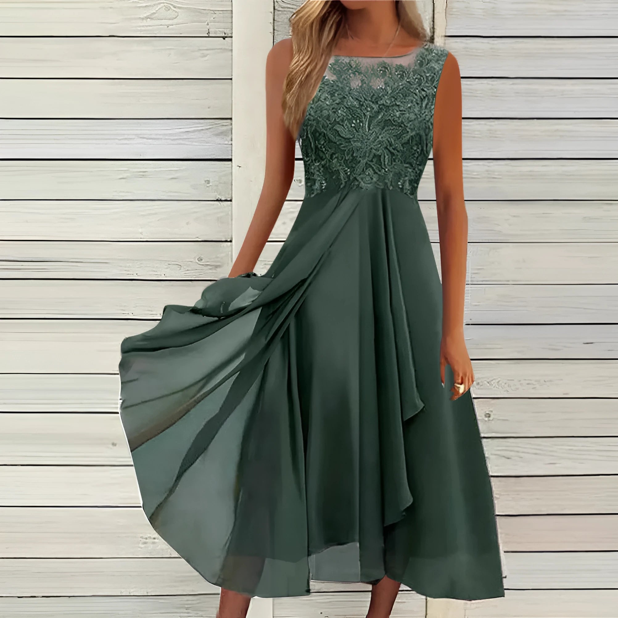 Women's sleeveless midi-length chiffon dress with lace hollow-out stitching in blue.