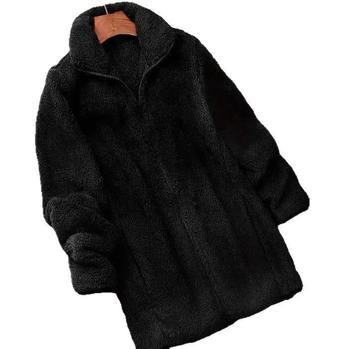 Double-sided velvet fleece coat in black, navy blue or khaki colours with fleece lining