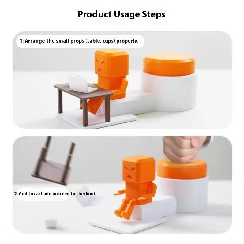 Orange plastic decompression toy with table-turning mechanism on flat surface