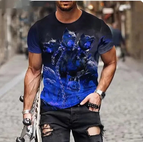 Men's black T-shirt with a large detailed fierce lion graphic print on the front