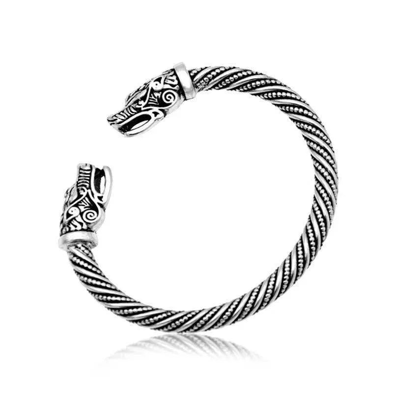 Retro Nordic zodiac cow open cuff bracelet for men in zinc alloy, shown in black, silver, and gold.
