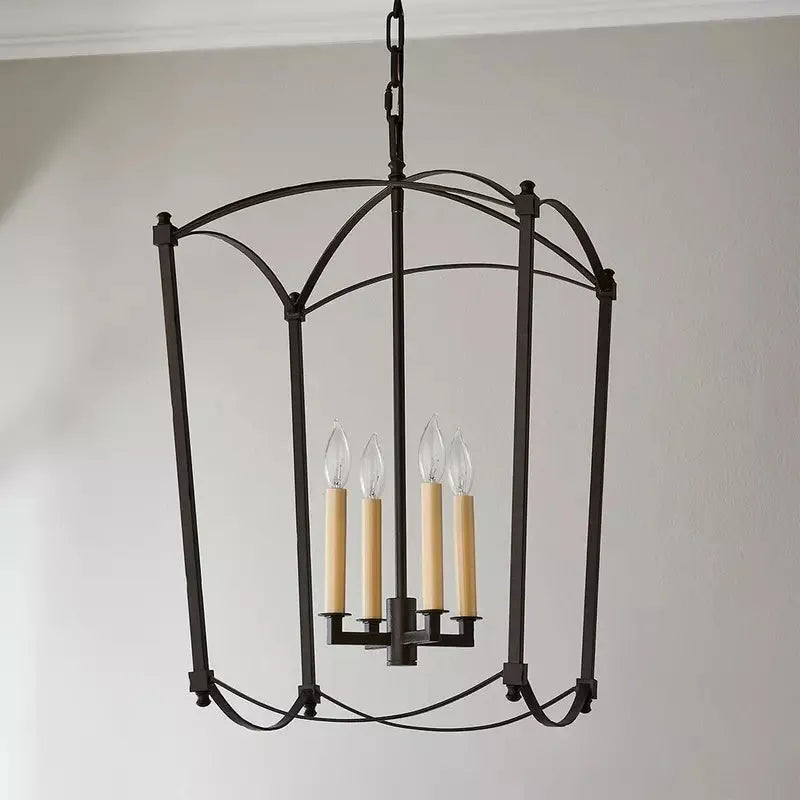 Simple Villa four-head droplight ceiling chandelier in black iron or gold foil finish, 35cm wide.
