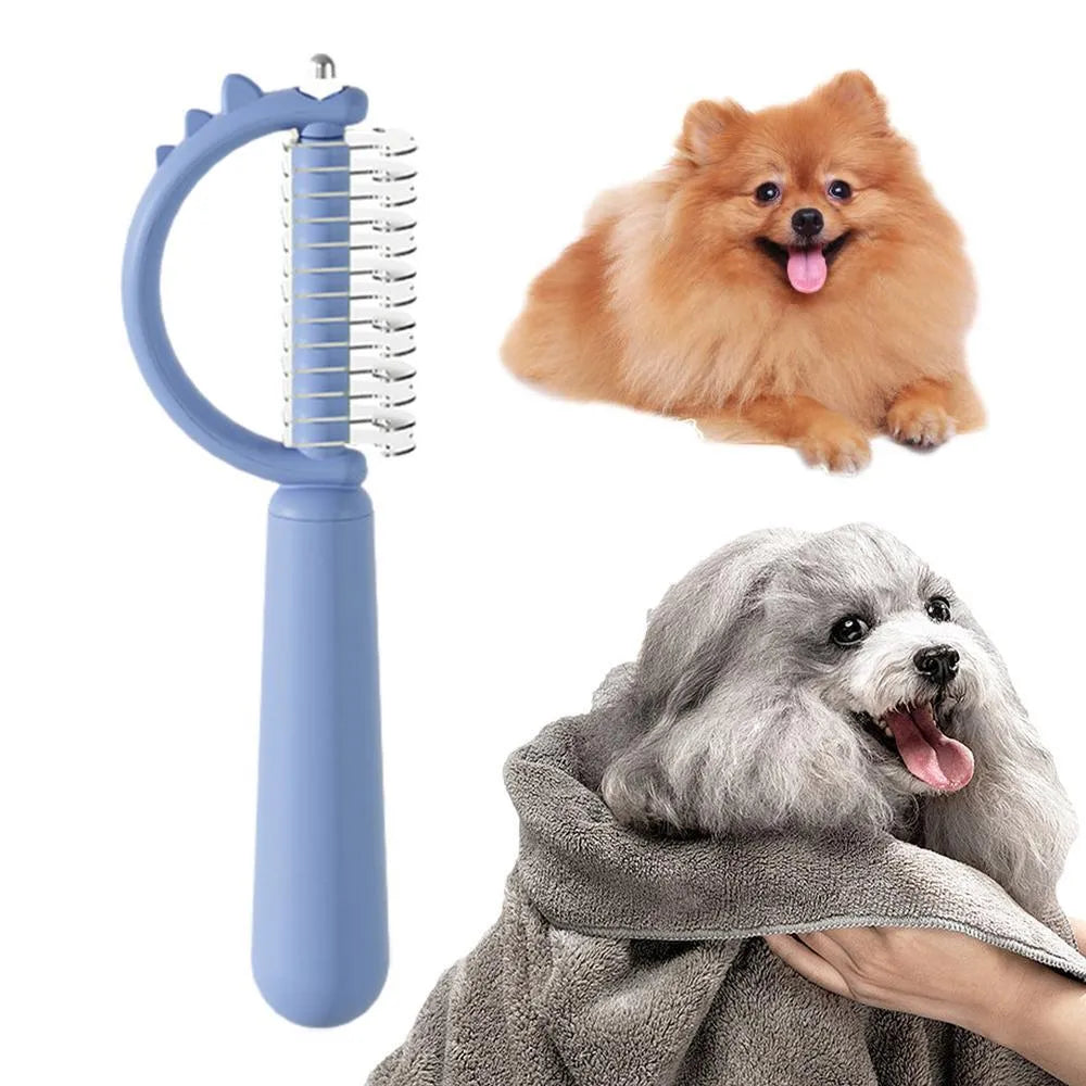 Dinosaur-shaped double-sided cat brush with self-cleaning mechanism in blue, green and white colours