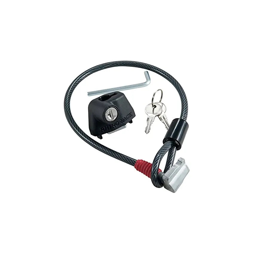 Plastic-sheathed steel cable lock for roof platform security in two length options.