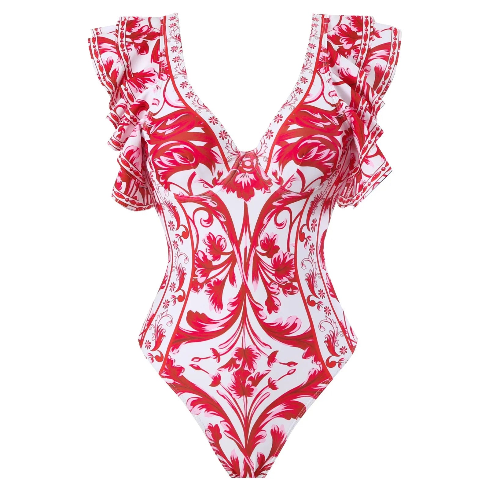 Women's floral printed one-piece polyester swimsuit on a hanger, showing skirted style.