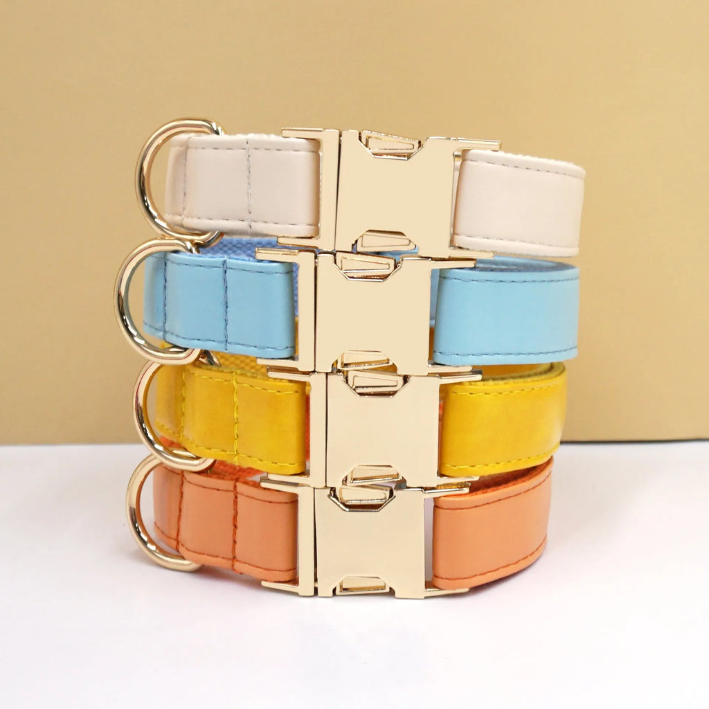 Leather dog collar with velvet finish and brass metal buckle in caramel colour option