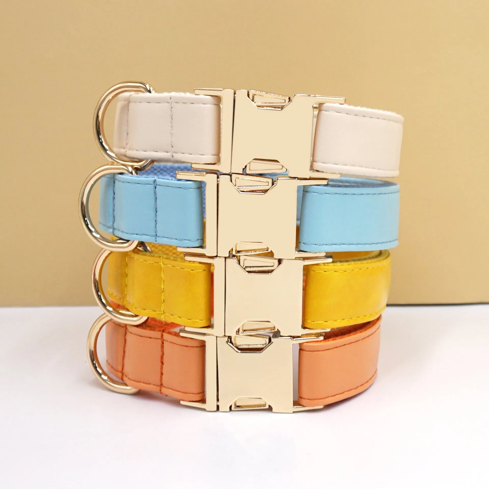 Leather dog collar with velvet finish and brass metal buckle in caramel colour option
