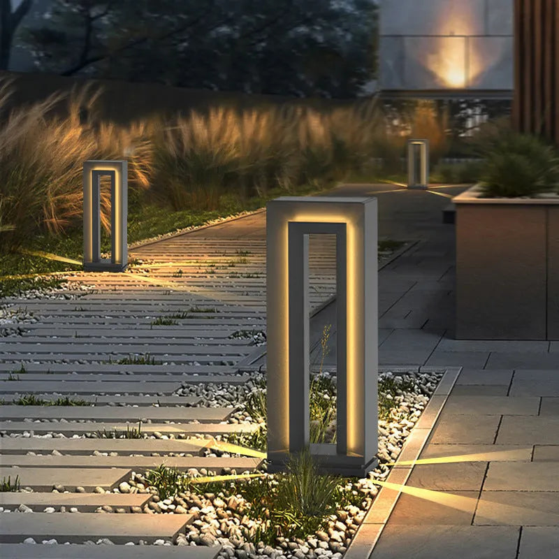 Square geometric solar courtyard garden lamp with stainless steel construction